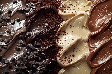 Poster - Swirled dark and white chocolate background with chocolate chips and cocoa powder creating luxurious texture for dessert packaging and confectionery design.