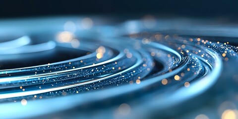 Poster - Glowing blue spiral curves with golden sparkles and bokeh effects on dark background create magical ethereal atmosphere for technology concepts.