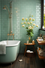 Wall Mural - A charming bathroom with a vintage-style green freestanding bathtub, brass fixtures, wooden accents, and fresh flowers against glossy green subway tiles.