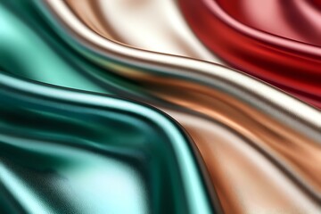 Poster - Smooth flowing waves of luxurious satin fabric in emerald green, pearl white and burgundy red create elegant abstract background pattern with soft folds and curves.