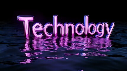 Poster - Glowing pink neon technology text reflected in rippling dark water surface creates modern futuristic atmosphere for tech and digital concepts.
