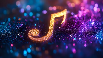 Poster - Glowing golden musical note on dark background with colorful bokeh lights in blue and purple, magical sparkle effect creates dreamy atmosphere.