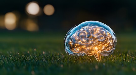 Poster - Glowing glass brain on green grass at sunset with bokeh lights, representing mental health, intelligence, and mindfulness concepts in nature setting.