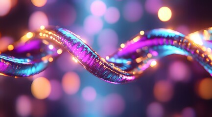 Poster - Glowing spiral ribbons with purple and pink bokeh lights creating magical atmosphere. Macro photography captures shimmering details and festive mood.