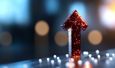 Poster - Red glittering arrow pointing upward against blurred bokeh background symbolizes growth, success, and positive business direction in modern corporate setting.