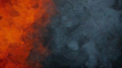 Poster - Dramatic textured background with fiery orange and deep slate blue gradient, featuring rough surface texture and smoky atmospheric effects. Abstract wall art design.