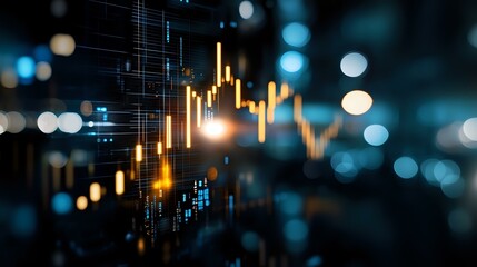 Poster - Financial market candlestick graph with glowing golden bars showing stock price movement on dark background with bokeh lights and data analytics.