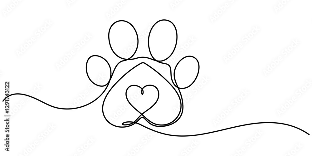 Dog or cat paw footprint and heart in continuous one line drawing of ...