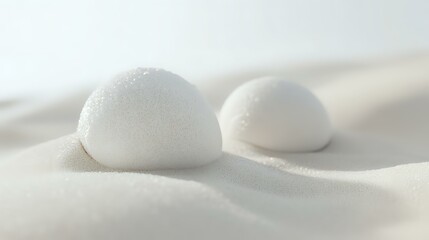 Poster - Minimalist white spheres on soft wavy surface create serene zen composition with gentle shadows and curves, suitable for wellness and spa marketing.