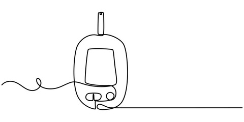 Vector continuous one single line drawing icon of glucose meter or glucometer in silhouette on white background. Linear stylized, Continuous single line drawing of a glucometer for monitoring blood.