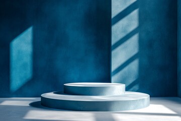 Poster - Elegant Blue Interior Featuring Intricate Wall Designs and Floral Arrangements Under Soft Lighting