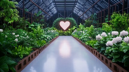 Wall Mural - Lush greenhouse interior with vibrant flowers and a heart-shaped light installation