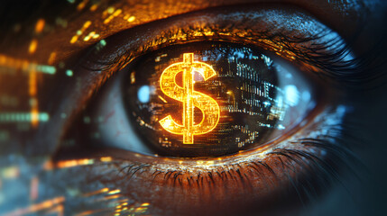 Aufkleber - Close-up of an eye with dollar symbol reflection, symbolizing focus on financial markets and investment opportunities in fintech