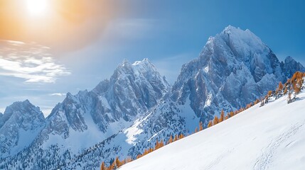 Wall Mural - Majestic snow-covered mountains under a bright sun with autumn trees in the foreground