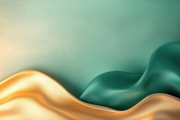Poster - A smooth, flowing textile background with soft curves in shades of green and gold, creating a serene and elegant aesthetic.