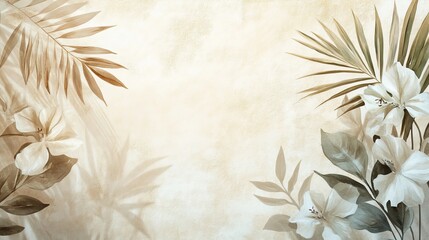 Poster - Soft Floral Design Featuring White Lilies and Palm Leaves on a Textured Neutral Background in a Serene Setting