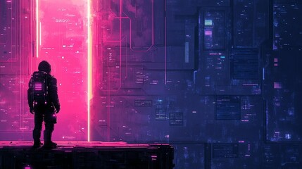 Wall Mural - Astronaut standing before glowing portal in futuristic cityscape.