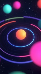 Poster - A vibrant, abstract representation of planets orbiting a central sphere, surrounded by colorful rings against a dark cosmic background.