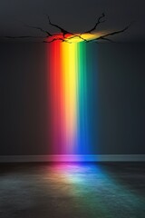 Poster - A vibrant rainbow beam cascades from a branch, illuminating a dimly lit room with colorful reflections on the floor.