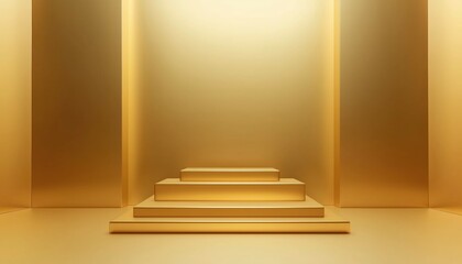 Poster - Gold Geometric Shapes On Two-Tier Pedestal With Square Back Wall: Gradual Size Gradient For Product Display In Studio Setting