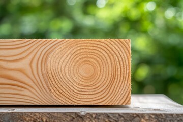 Poster - A close-up shot of the wooden beam on which you will place your outdoor table, showcasing its natural wood texture and grain patterns. The background is blurred to focus attention on the wooden