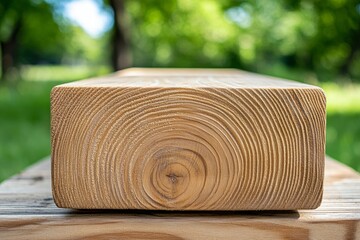 Poster - A close-up shot of the wooden beam on which you will place your outdoor table, showcasing its natural wood texture and grain patterns. The background is blurred to focus attention on the wooden