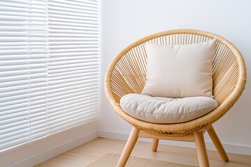 Poster - A mockup of an empty wall in the corner, a large round beige armchair with soft cushions and some small golden decor on it stands next to the window with blinds, a light brown carpet on the