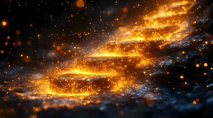 Poster - Magical glowing golden spiral with sparkling particles and light trails against dark background creates mystical cosmic atmosphere for fantasy designs.