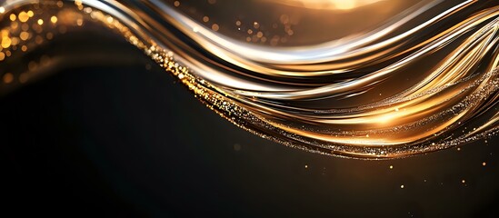 Poster - Luxurious golden waves flow across dark background with glowing light effects and sparkling particles creating elegant abstract composition for luxury designs.