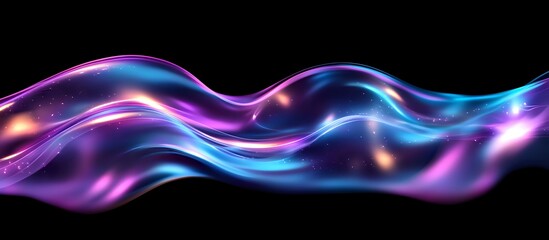 Poster - Luminous flowing waves in purple and blue neon colors with glowing light effects on black background, abstract dynamic motion design element.