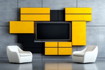 Poster - A modern, minimalistic wall unit in yellow and black, with a TV mounted on top. In front of it, there are white armchairs, creating a clean and streamlined aesthetic. The design is ultra-realistic,