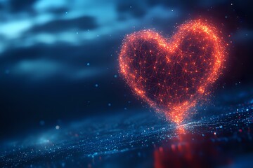Poster - Glowing red heart shape formed by luminous particles floating above reflective surface against dark blue cloudy background, creating magical romantic atmosphere.