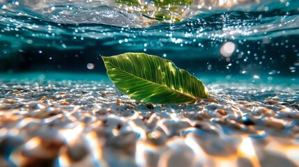 Poster - Split underwater view of green tropical leaf floating on crystal clear water surface with pebbles beneath, sunlight creating bokeh effects and bubbles.