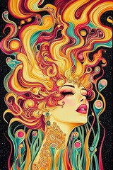 Wall Mural - psychedelic woman with flowing hair and cosmic background - vibrant digital art