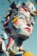 Poster - Abstract Sculpture of a Female Head Surrounded by Colorful Geometric Shapes Against a Clear Blue Sky