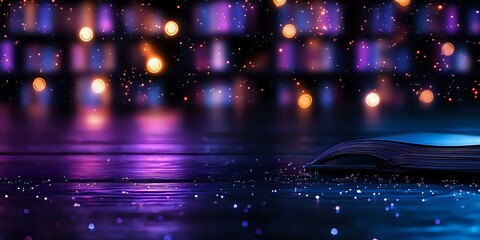 Poster - Magical night scene with glowing lights reflecting on water surface, purple and blue cosmic atmosphere with floating bokeh and sparkles in dark space.