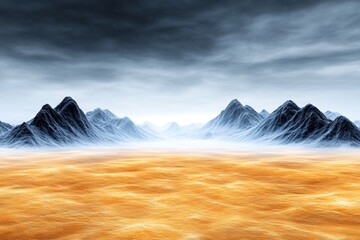 Poster - A vast alien landscape with black mountains, orange lights in the distance, a white background, and no clouds. The scene has a cinematic, photographic quality, with HDRI lighting in shades of