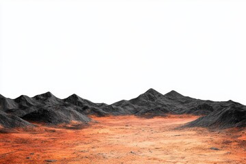 Poster - A vast alien landscape with black mountains, orange lights in the distance, a white background, and no clouds. The scene has a cinematic, photographic quality, with HDRI lighting in shades of