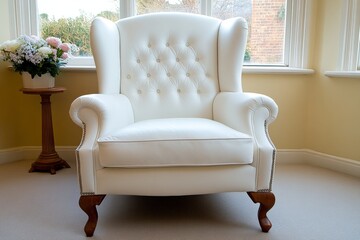 Poster - A white wingback chair with elegant legs and diamond buttons, centered in the room against an empty wall, surrounded by flowers on a wooden stand, illuminated by natural light from large windows,