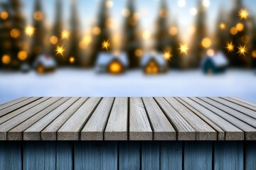 Poster - A wooden table with small Christmas houses and trees in the background, a snowy forest of pine trees illuminated by golden lights. The scene is set against an abstract background with falling