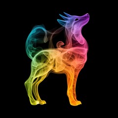 Poster - A vibrant, colorful depiction of a dog formed from swirling smoke, set against a black background, showcasing artistic creativity and fluid motion.