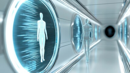 Poster - A futuristic corridor featuring illuminated circular displays with translucent human figures, evoking themes of technology and innovation.