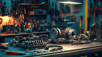 Aufkleber - Disassembled gearbox parts arranged on a workbench at a repair station with tools and warm lighting, Disassembled gearbox parts in repair station, clear foreground focus, workshop lit background