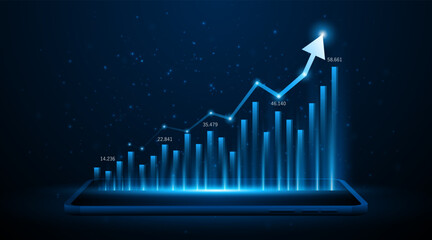 Fototapete - Arrow pointing upwards for future company growth set on tablet or smartphone. Stock market graph with rising candles. Ideas for growing a profitable business or investment	