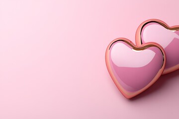 Poster - Pink background with two hearts, Valentine's Day banner, pink gradient, space for text, light effect, blurred, soft focus, bokeh, flat lay, wide angle, panorama, pastel colors, pink and gold