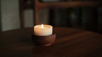 Warm candlelight glows softly from a wooden holder on a rustic table, creating a tranquil atmosphere in a cozy indoor space during the evening hours