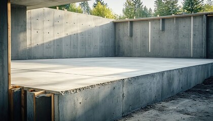 Concrete footings for a home's basement floor, with trees and a park in the background against a blue sky.