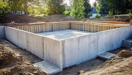 Concrete footings for a home's basement floor, with trees and a park in the background against a blue sky.