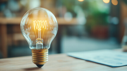 Aufkleber - Vintage light bulb glows warmly on a desk, representing creativity, innovation, and new ideas in a blurred office setting