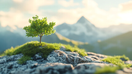 Poster - Lush green tree growing on a rocky mountain top with snowy mountains in the background, symbolizing new life and resilience